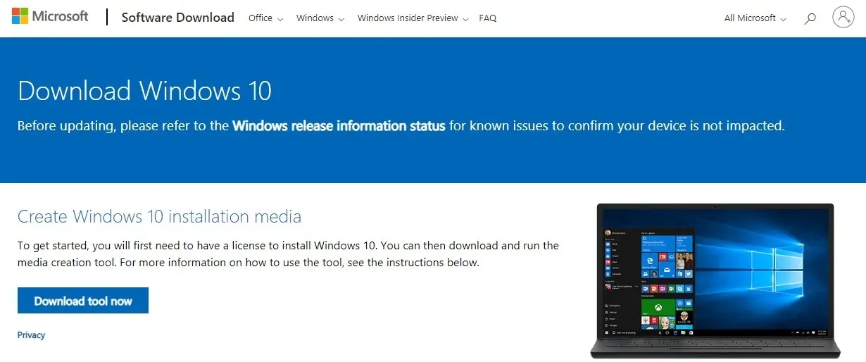 Microsoft's Windows 10 Download page and select 
