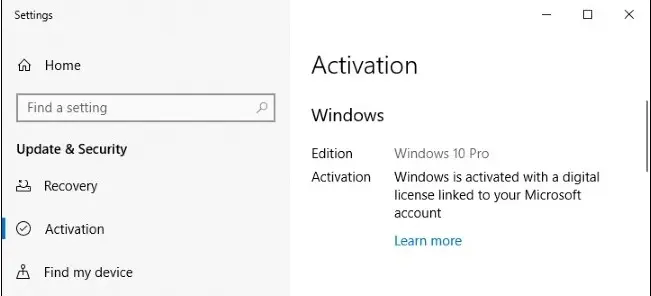 Click on 'update and security' and then click on 'Activation screen'